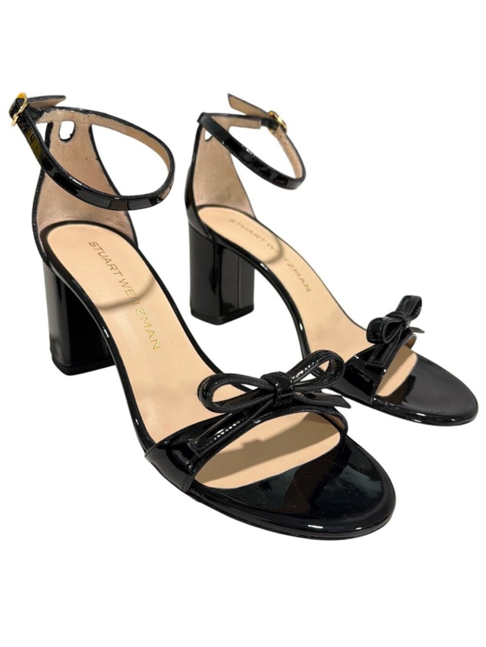 New Stuart Weitzman Nudist Felicity Block Heel Sandals Black Patent Leather Size